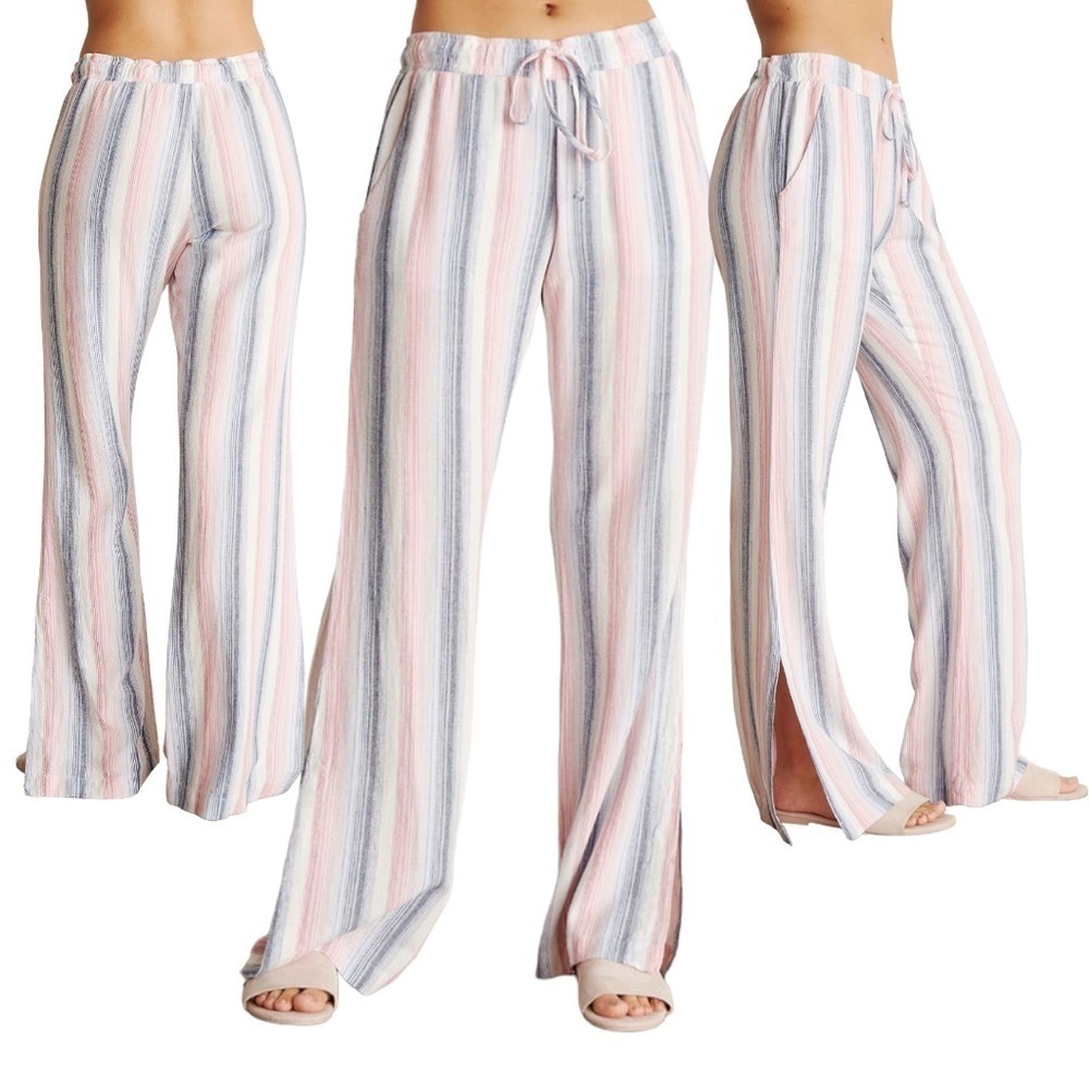 BELLA DAHL Slide Slit Wide Leg Linen Blend Pant in Sunset Stripe